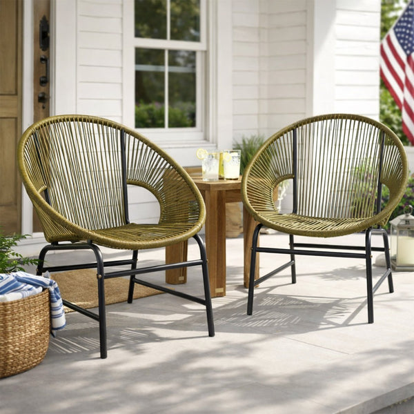 English Elm Nusa Outdoor Pe Rattan Patio Chairs with Iron Frame Airy Oval Weave Set of 2 Green N775P422987G