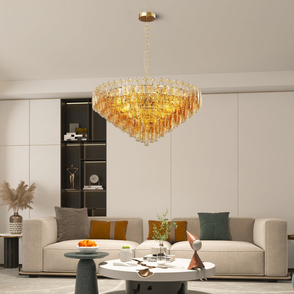 English Elm 37" Gold 14-Light Modern Chandelier with Tiered Smoke Glass Shades, LED-Ready Flush Mount Elegance W1340P332565