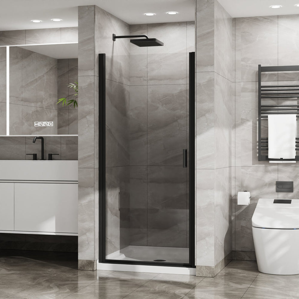 English Elm Goodyo 34"X72" Pivot Shower Door & White Acrylic Base Combo With Black Aluminum & Clear Glass Finish W1223S00018
