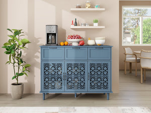 English Elm 3 Door 3 Drawer Cabinet with Smooth Slide Rails, Black Metal Handles, Adjustable Shelves, Solid Wood Feet Blue W688124215