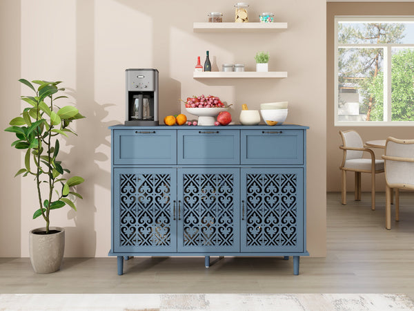 English Elm 3 Door 3 Drawer Cabinet with Smooth Slide Rails, Black Metal Handles, Adjustable Shelves, Solid Wood Feet Blue W688124215