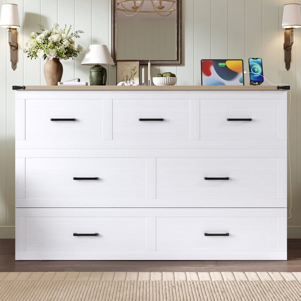 English Elm Murphy Full-Size Cabinet Bed with Built-In Charging Station, Storage Drawer & 700lb Capacity Comfort White 57.25 L x 27 W x 6 H N733S293997W