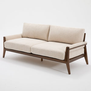 English Elm Mid-century Modern Boucle Upholstered Three Seat Sofa with Walnut Finish Wood Legs Beige N773P411407S