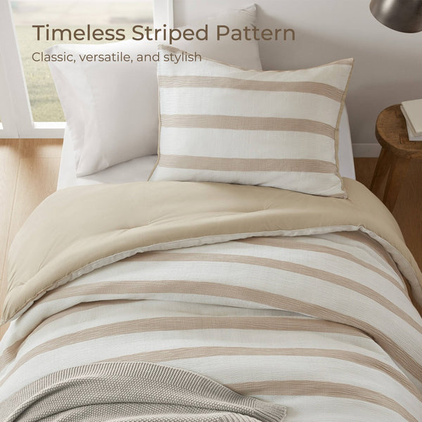 English Elm 2-piece Yarn-dyed Striped Polyester Comforter Set with Seersucker Texture for Year-round Comfort Taupe B035P463215