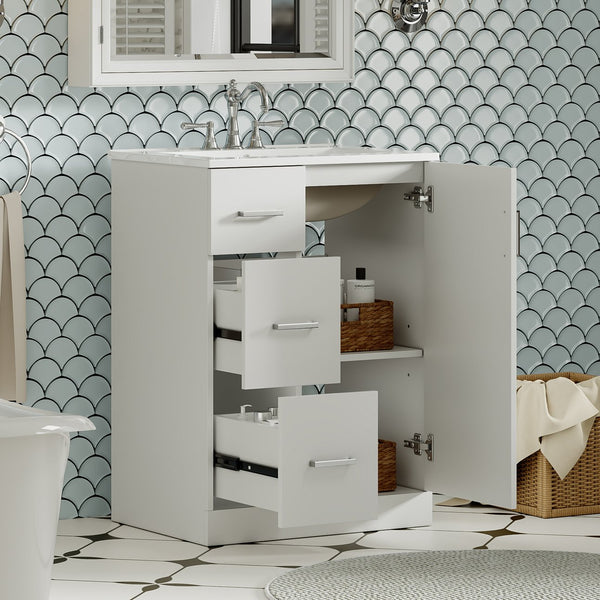 English Elm 24" Modern Bathroom Vanity with Under-Mount Sink, Vertical Stripe Design, 2 Drawers & Soft-Close Cabinet White N710P288936K