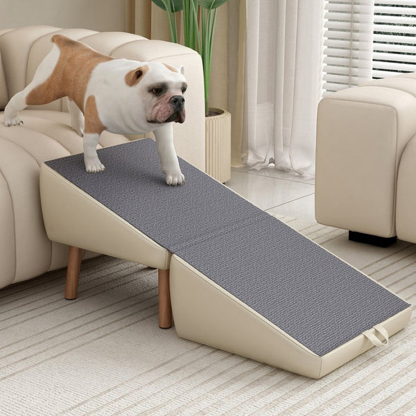 English Elm Dog Pet Stairs Solid Wood Foldable Ramp with Ottoman Style for Couch or Bed Light Gray W2641P440162