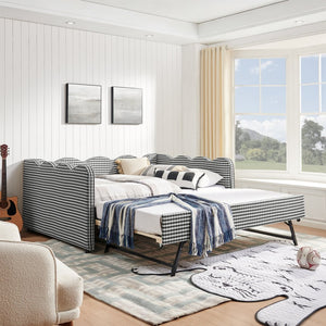English Elm Full Size Gingham Linen Daybed with Wave Backrest Trundle and Usb Charging Port Black W1413S00141