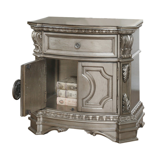 English Elm Antique Silver Champagne Nightstand with Felt-Lined Drawer & Cabinet Storage, Vintage Charm Design B062P189073