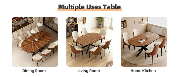 English Elm 47.2"-63" Extendable Round Dining Table Solid Wood Parquet Top Seats Six Walnut W3587S00002
