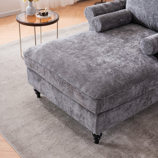 English Elm [New] Oversized Chaise Lounge Indoor Chenille Sleeper Recliner Armchair with Wide Foam Seat & Pillows DARK GREY W2363S00085