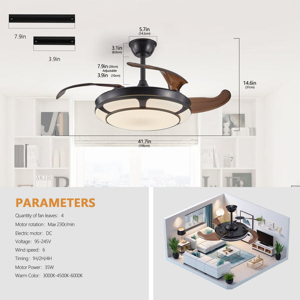English Elm 42" Retractable Ceiling Fan with Light - Modern Black LED Chandelier, 6-Speed DC Motor, Remote, Timer W2312P374992
