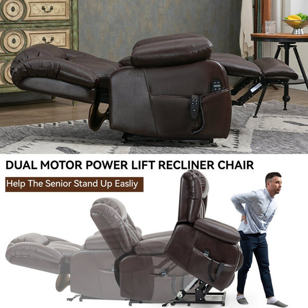 English Elm Dual Motor Power Lift Recliner with Massage Heat and 180 Degree Brown Lounge Chair W1803S00042