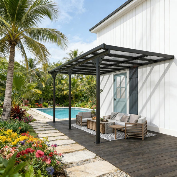 English Elm Wall-mounted Aluminum Pergola with Polycarbonate Roof for Patio Uv and Rain Protection T3971S00179