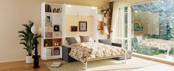 English Elm Queen Murphy Wall Bed with Velvet Sofa Built in Shelves Cabinets and Reading Lights White LP000393AAK