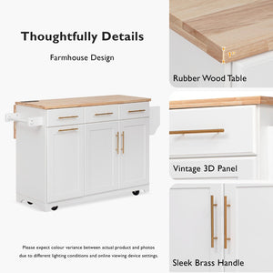 English Elm K&k Rolling Kitchen Island Rubber Wood Top Brass Hardware Built-in Outlets Storage White N707S299014W