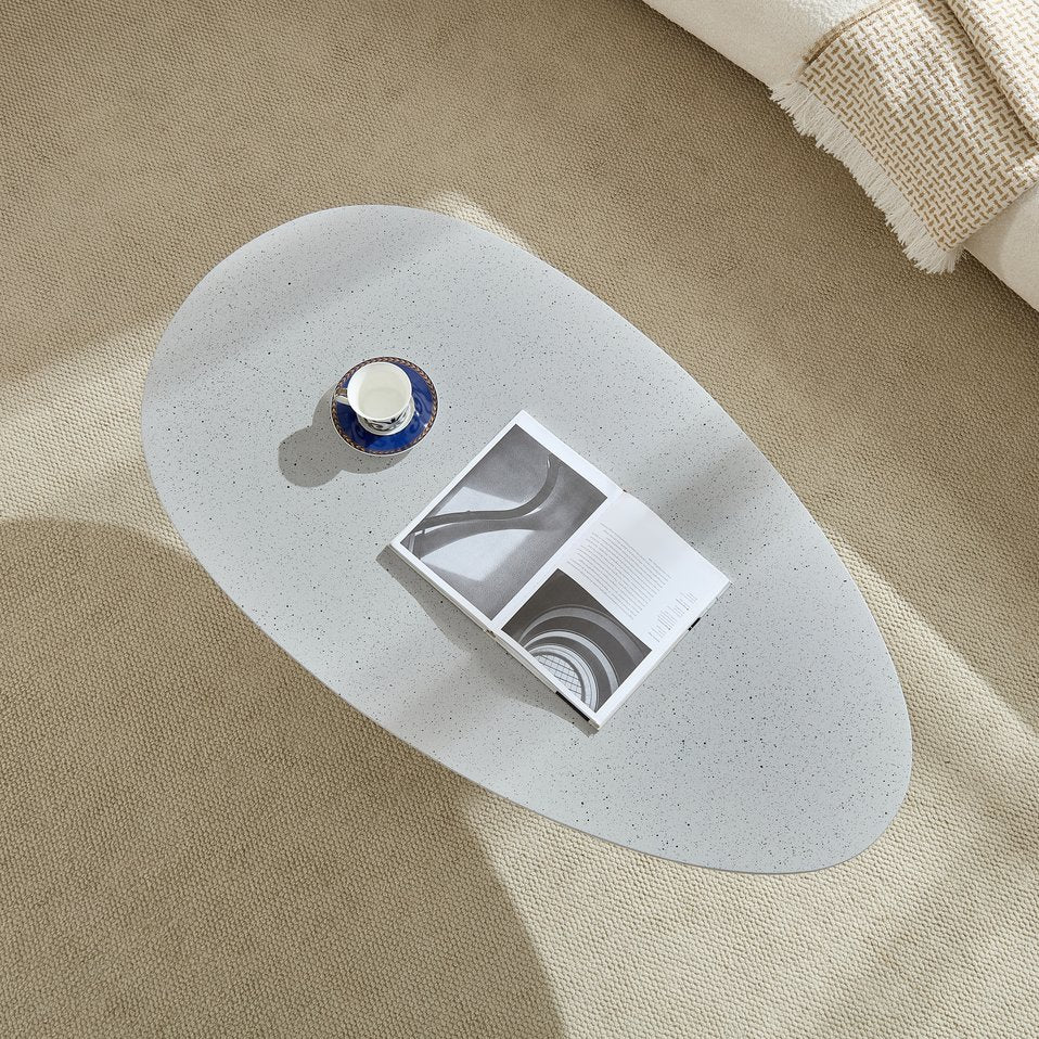 English Elm 47.27" Lucky Stone Oval CoffeeTable with Sculptural Stacked Pebble Base, Minimalist Fiberglass Centerpiece Stone Gray W2664S00047