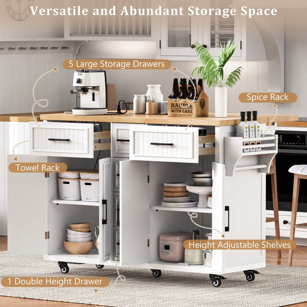 English Elm K&k Farmhouse Rolling Kitchen Island Drop Leaf Power Outlet Five Drawers Cabinet Storage White N707S263094W