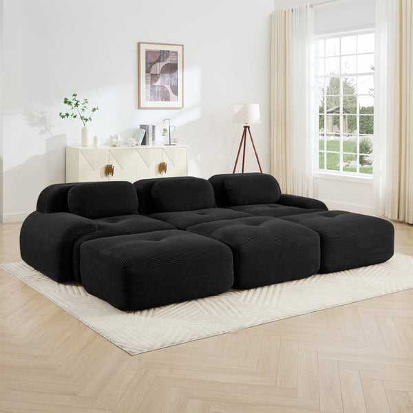 English Elm Three-seat Modular Corduroy Sectional Sofa with Ottomans for Living and Media Rooms Black W714S01278