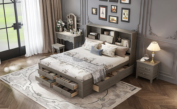 English Elm King Solid Wood Platform Bed with 8 Drawers and Storage Headboard, Durable MDF Frame, 500lb Capacity Gray GX000454AAE