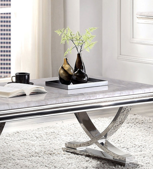 English Elm Modern Glam Coffee Table with 18mm Faux Marble Top, Beveled Edges and Curved Pedestal Metal Base Chrome 31 L x 55 W x 4 H B2741S00430