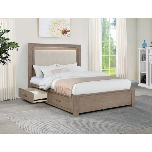 English Elm Gibbons Queen Storage Bed with Led Headboard and Four Drawers in Warm Oak Veneer B062S01577
