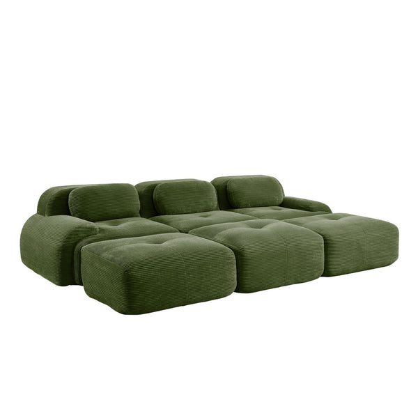 English Elm Three-seat Modular Corduroy Sectional Sofa with Ottomans for Living and Media Rooms Olive Green W714S01260