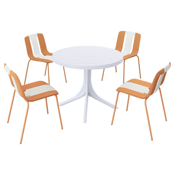 English Elm Summer 5 Piece Round Polypropylene Dining Set Uv Resistant Striped Indoor Outdoor Patio Beige,Tropical Orange,White W3450S00040