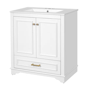 English Elm 30" Elegant Bathroom Vanity with Ceramic Sink, French-Inspired Compact Cabinet with Drawer & Shelf White N710P317676K