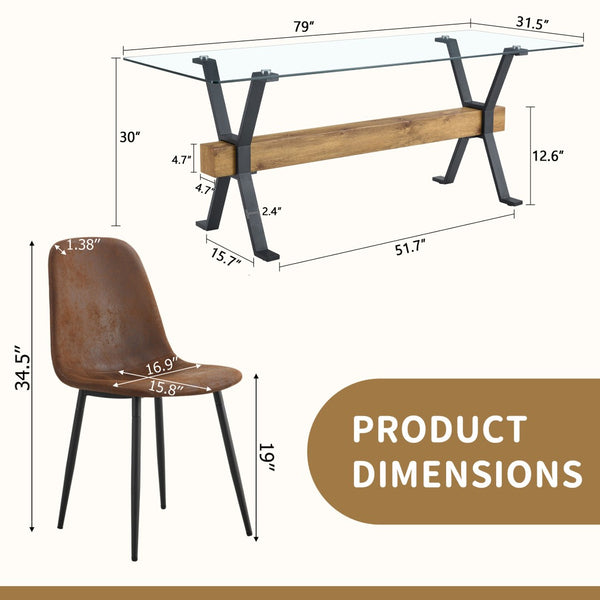 English Elm Table Set With Tempered Glass Top And 8 Brown Techno-Fabric Chairs, Modern X-Shaped Metal Legs W1151S04088-GIGA