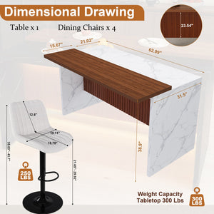 English Elm 63" Modern Kitchen Island Set With 4 Beige Bar Stools, Led Lighting & Walnut Accents For Style W2699S00076
