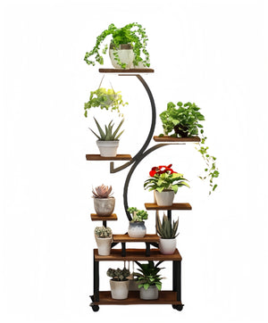 English Elm Plant 8-Tier S-Shaped Plant Stand with 3-Head Grow Lights, 62" Tall Mobile Metal Rack w/Timer and Wheels W2641P199619