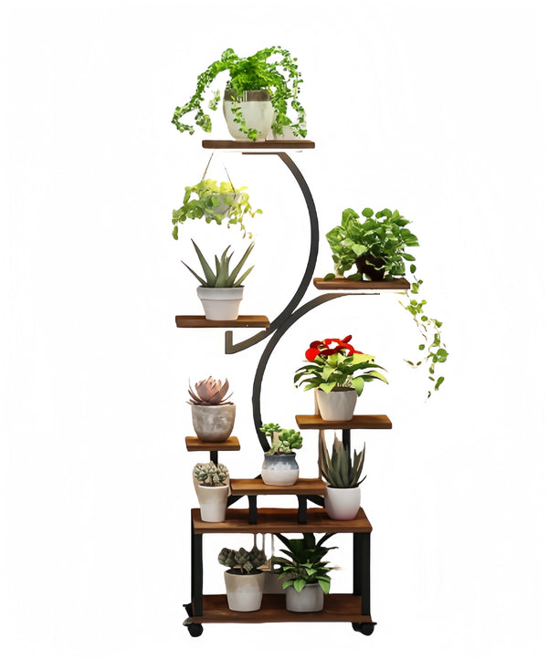 English Elm Plant 8-Tier S-Shaped Plant Stand with 3-Head Grow Lights, 62" Tall Mobile Metal Rack w/Timer and Wheels W2641P199619