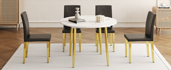 English Elm Table and Chair Set Extendable Round Mdf Top Gold Legs Four Pu Dining Seats Black,White+Gold W1151S04830