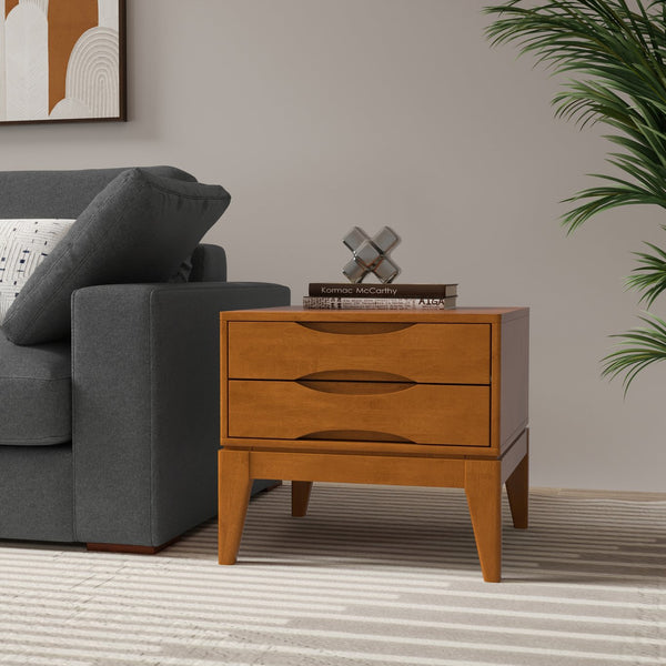 English Elm Harper Teak End Table with Two Drawers — Handcrafted Solid Rubberwood, Mid-Century Contemporary Finish B136P203436