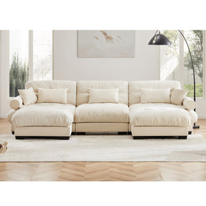 English Elm U U Shape Modular Velvet Sectional Sofa with Movable Ottomans, Cloud Seats, Bolster Arms, Cream W714S01073