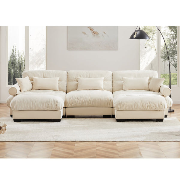 English Elm U U Shape Modular Velvet Sectional Sofa with Movable Ottomans, Cloud Seats, Bolster Arms, Cream W714S01073