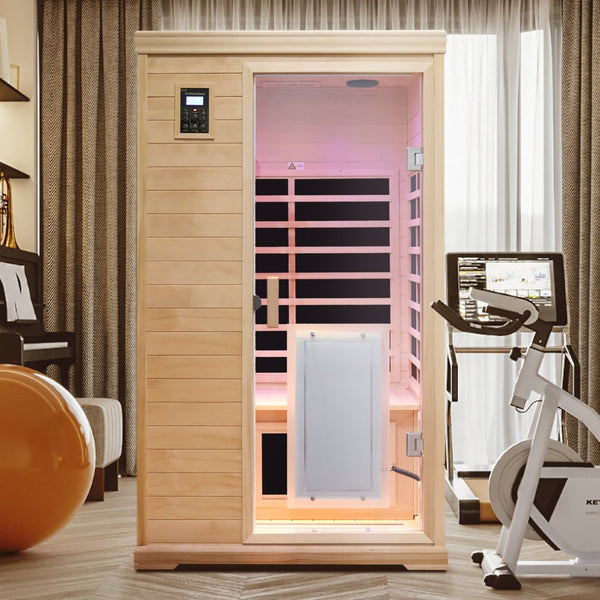 English Elm Hemlock Wood Two Person Far Infrared Indoor Sauna with Bluetooth and Led Lighting W632S00003