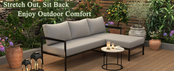 English Elm U_style Outdoor L-shaped Sectional Iron Frame Patio Sofa with Thick Foam Cushions Gray WY000480AAE