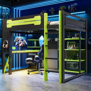English Elm Full Size Loft Bed with Rgb Lighting Chevron Desk Usb Charging Ports and Storage Shelves Black+Green LT000286AAG
