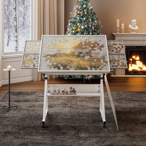 English Elm 1500 Puzzle Table with Adjustable Height & Tilt, 4 Felt Trays, Locking Wheels, Large Metal Storage Shelf White W347P372499