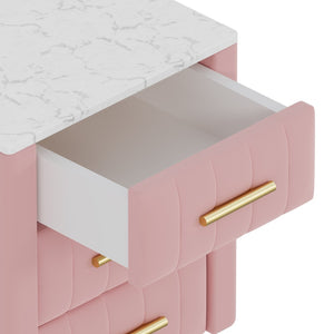 English Elm Upholstered Velvet Nightstand with Faux Marble Top Three Drawers and Slim Metal Legs Pink N733P208520H