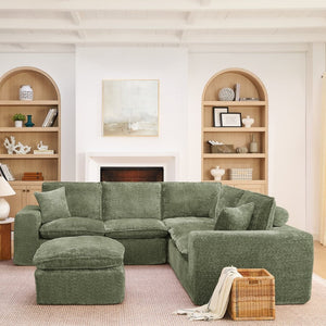 English Elm 107'' Boucle Modular Sectional Sofa Deep Cloud Cushions Reversible Chaise Living Room Green W1413S00167
