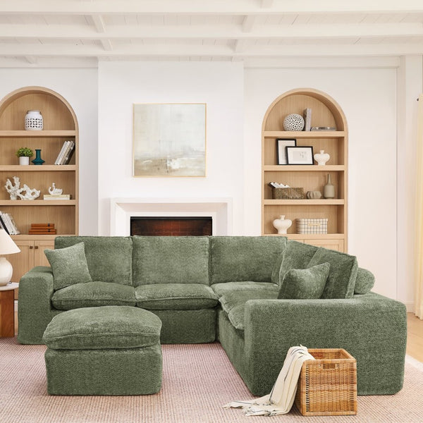 English Elm 107'' Boucle Modular Sectional Sofa Deep Cloud Cushions Reversible Chaise Living Room Green W1413S00167