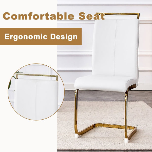 English Elm Table Set: Luxurious 71" Pandora Glass Dining Table With 8 White Pu Chairs & Gold C-Shaped Legs W1151S03232-GIGA