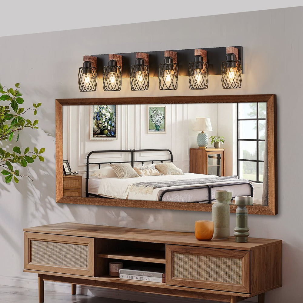 English Elm 38" Industrial Vintage 6-Light Wall Sconce Black Cage with Walnut Wood Accents for Bathroom Hallway Loft Ambience W2312P374840