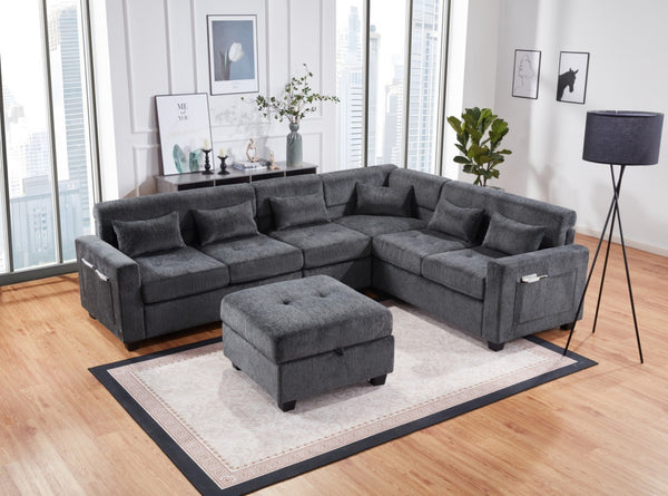 English Elm Trevi Chenille Sectional Sofa with Tufted Seats Charging Ports and Storage Ottoman B2749S00251