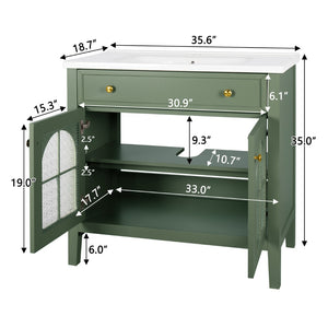 English Elm 35.6" Freestanding Bathroom Vanity with Roman Column Base and Ceramic Integrated Sink Green W1801S00014