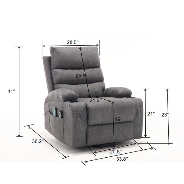 English Elm 21"seat Large Electric Power Lift Recliner Chair with 8-Point Vibration Massage, Lumbar Heat, Remote Control and Cup Holders for Easy Standing Comfort and Pocket Storage Grey W311P316093