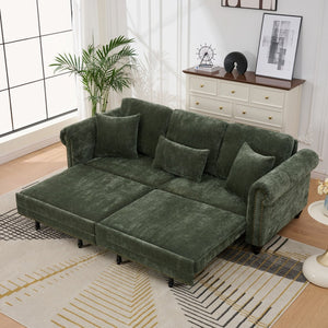 English Elm 86" Chenille Sleeper Sofa with Nailhead Rolled Arms Three Seat Convertible for Any Room Green W3373S00088