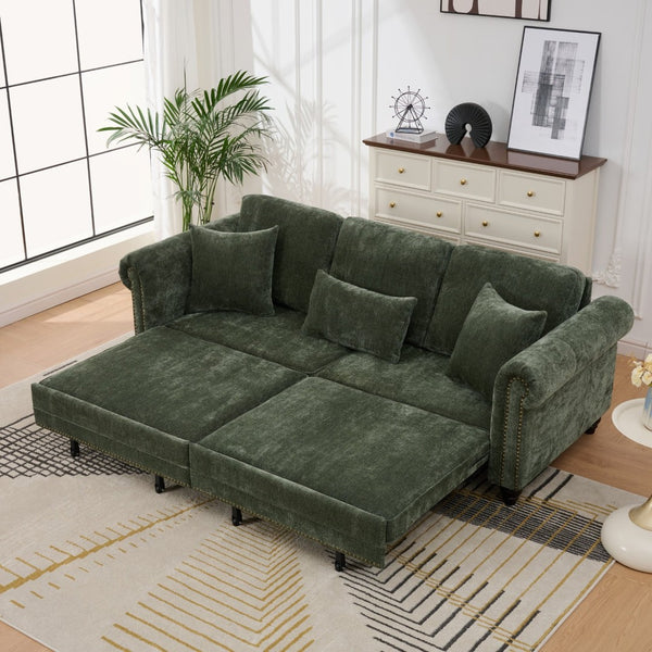 English Elm 86" Chenille Sleeper Sofa with Nailhead Rolled Arms Three Seat Convertible for Any Room Green W3373S00088
